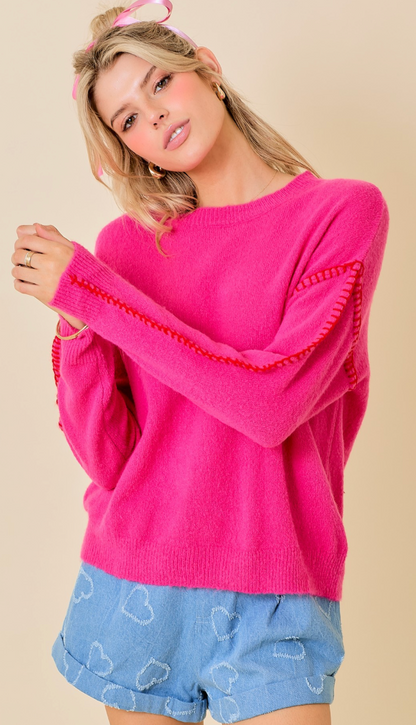 Pink/Red Contrast Stitch Sweater