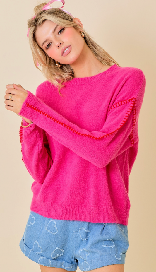 Pink/Red Contrast Stitch Sweater