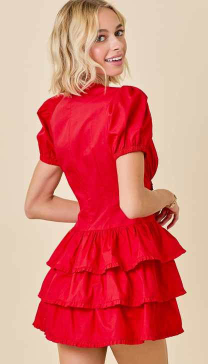 Surplice Poplin Ruffle Dress Red