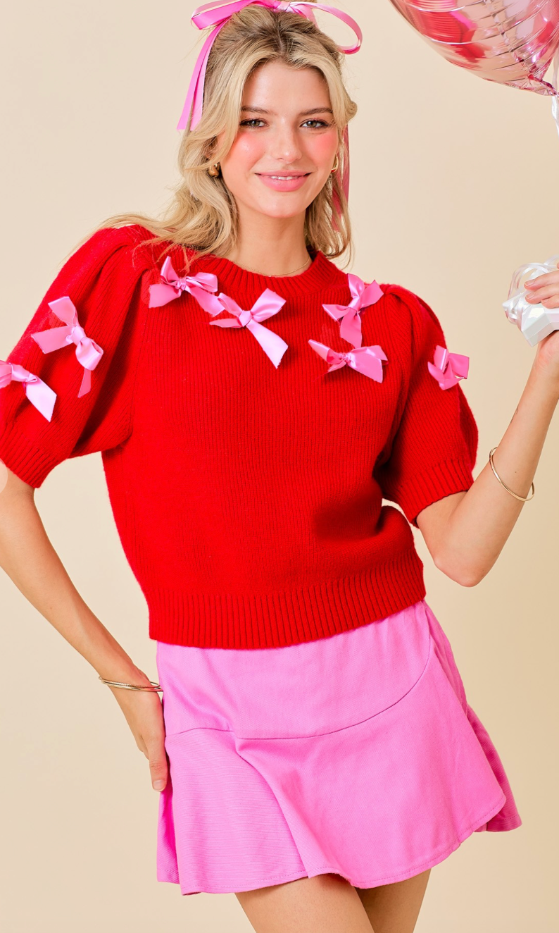 Bow Trim Sweater Red/Pink