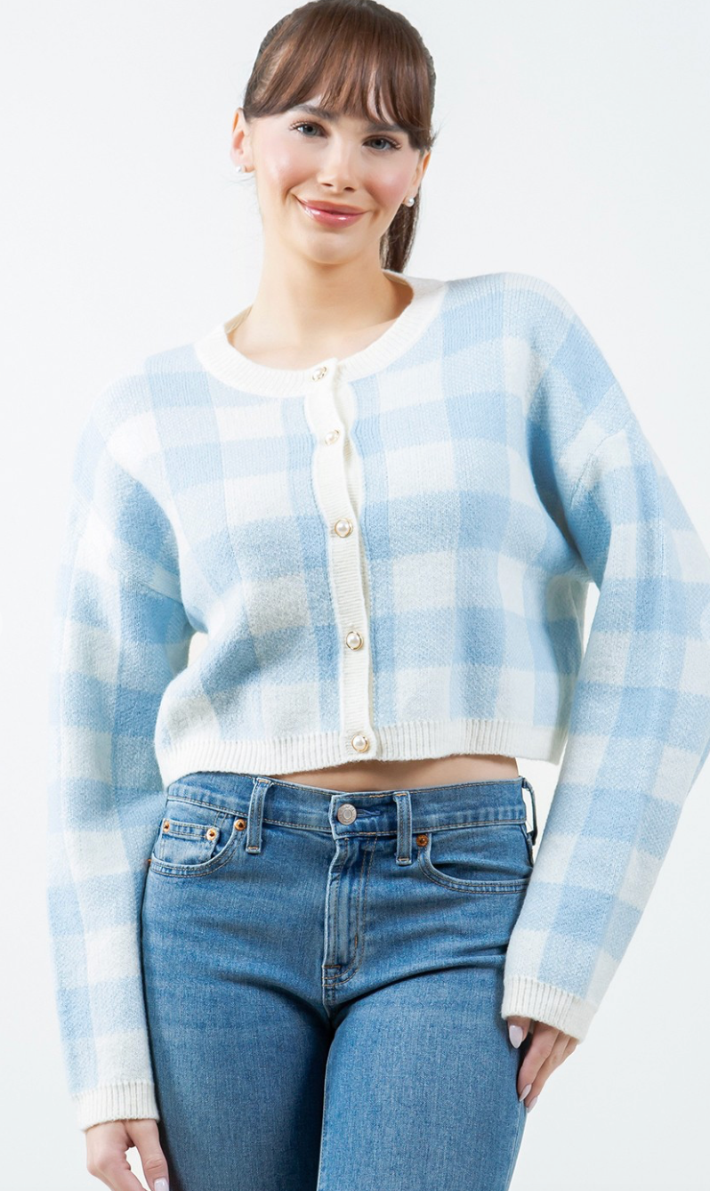 Gingham Buttons Cardigan Blue