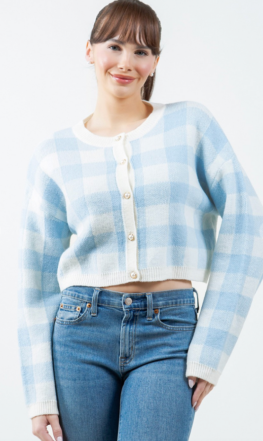 Gingham Buttons Cardigan Blue