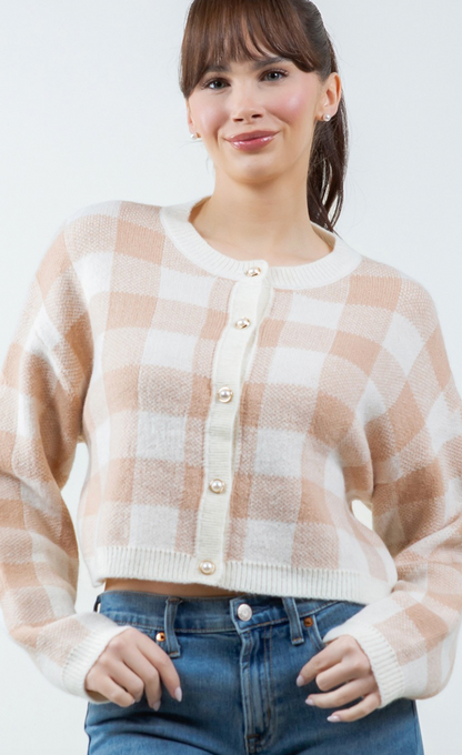 Gingham Buttons Cardigan Tan