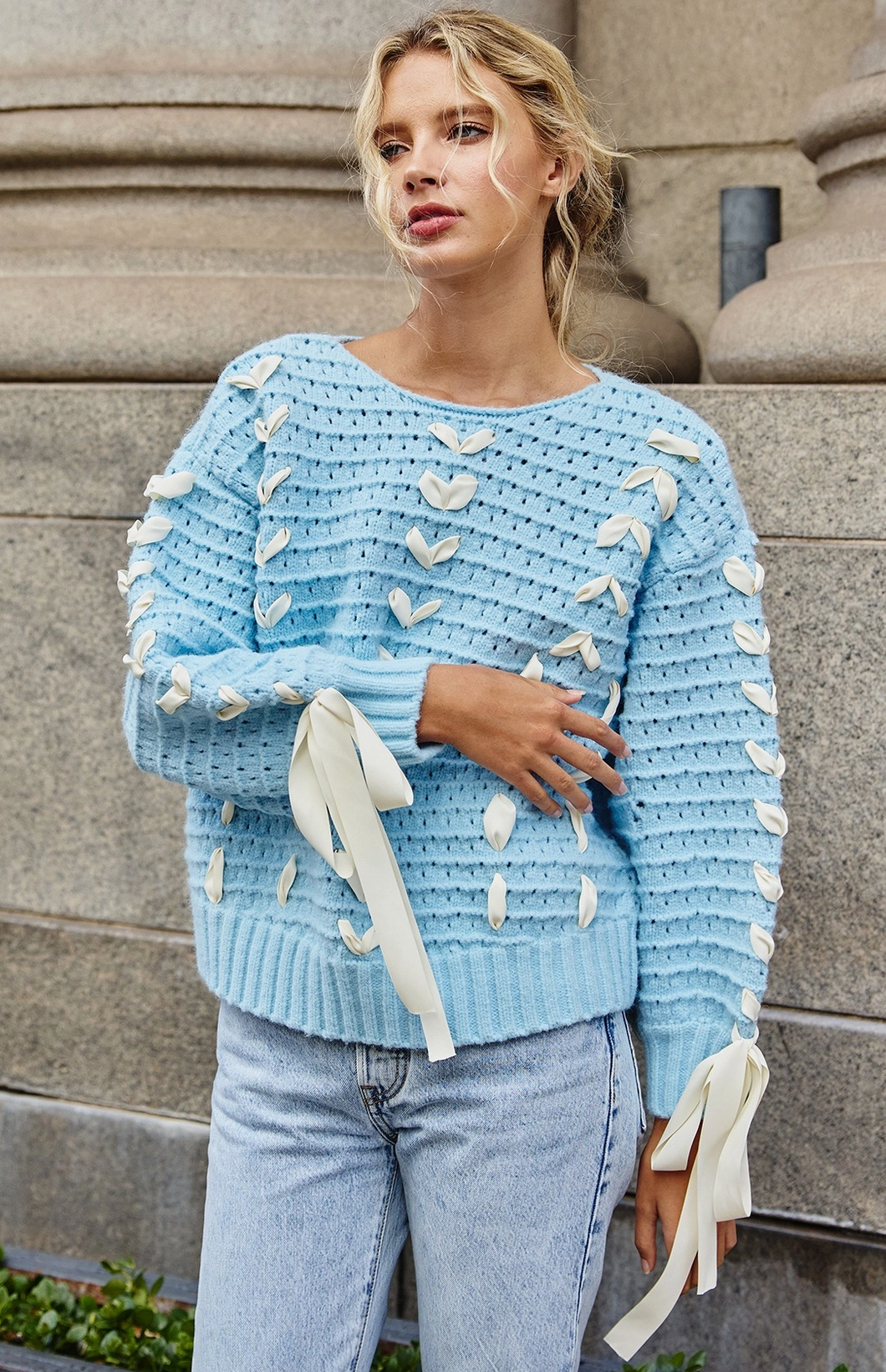 Ribbon Detail Oversize Sweater Blue