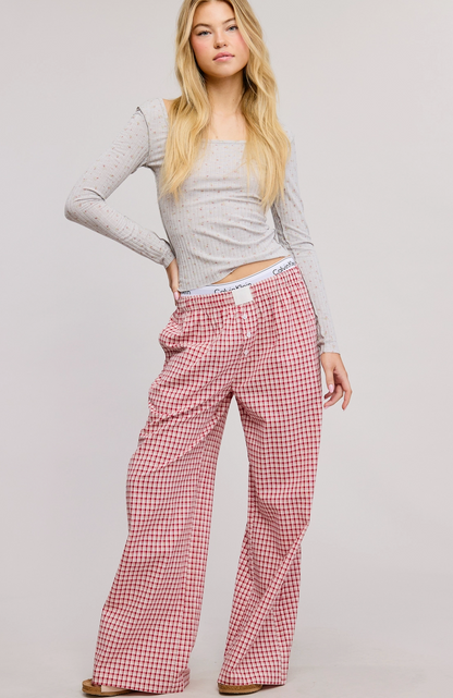 Red Low Rise Plaid Boxer Pants