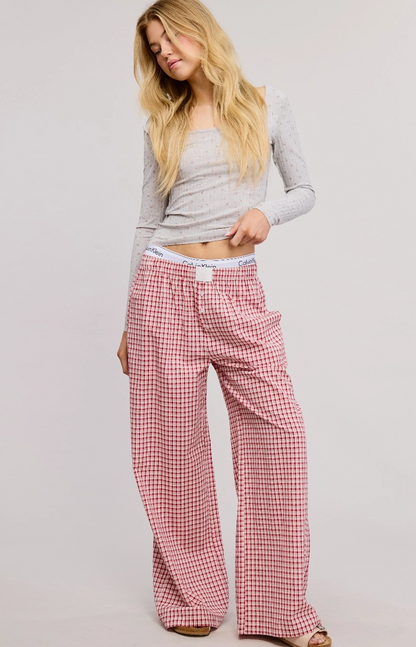 Red Low Rise Plaid Boxer Pants