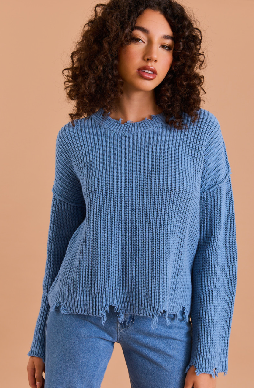 Dusty Blue Distressed Sweater