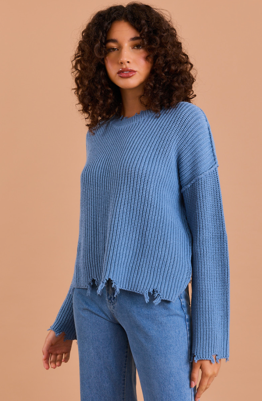 Dusty Blue Distressed Sweater