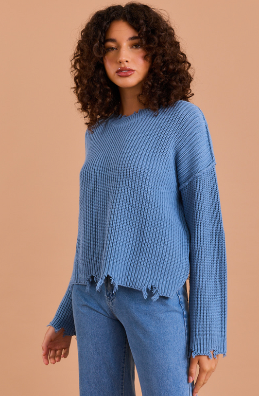 Dusty Blue Distressed Sweater