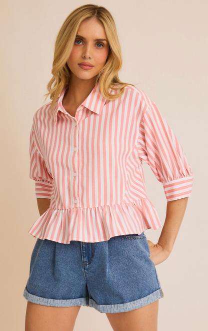 White/Coral Stripe Ruffle Blouse