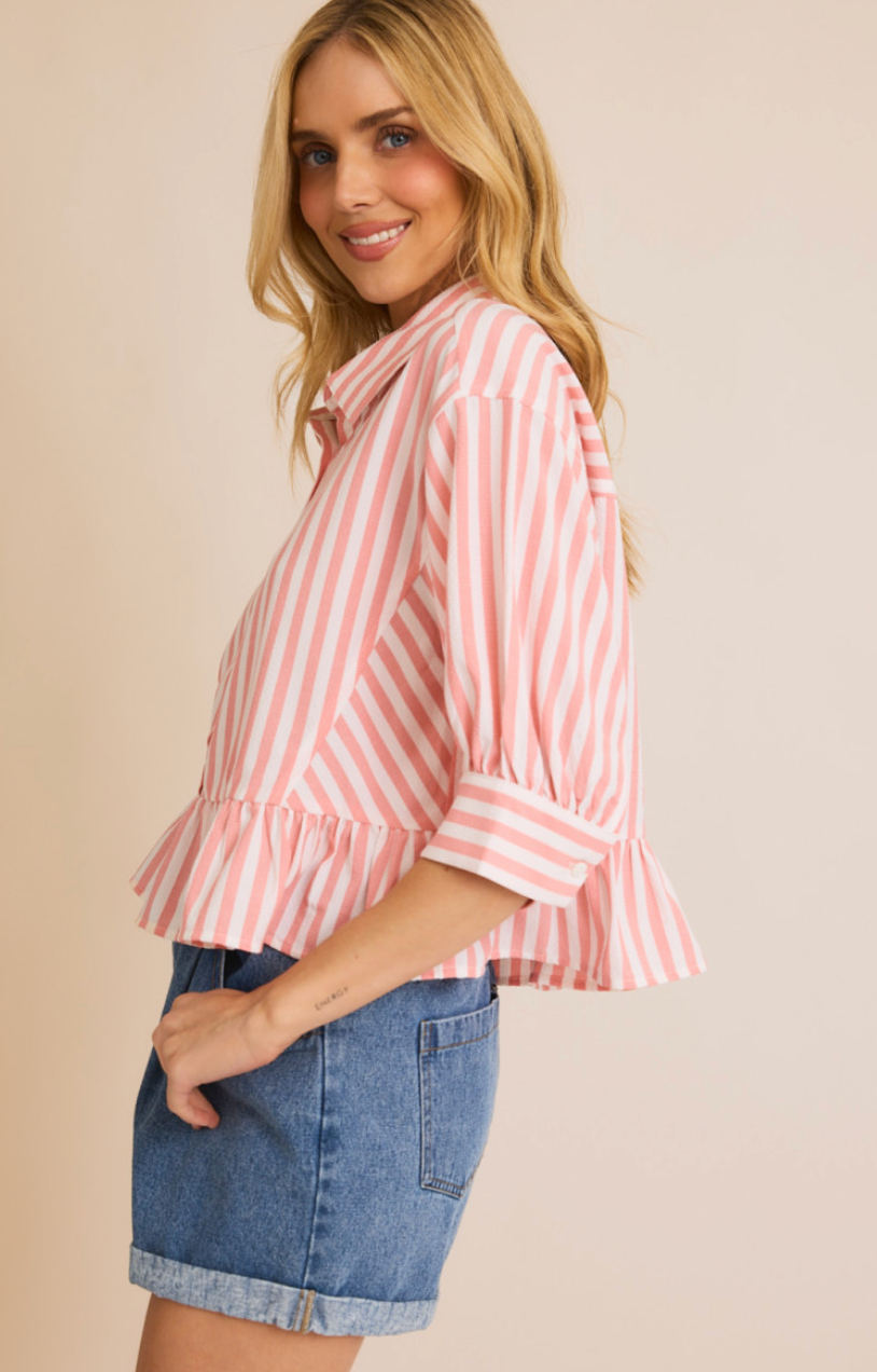 White/Coral Stripe Ruffle Blouse