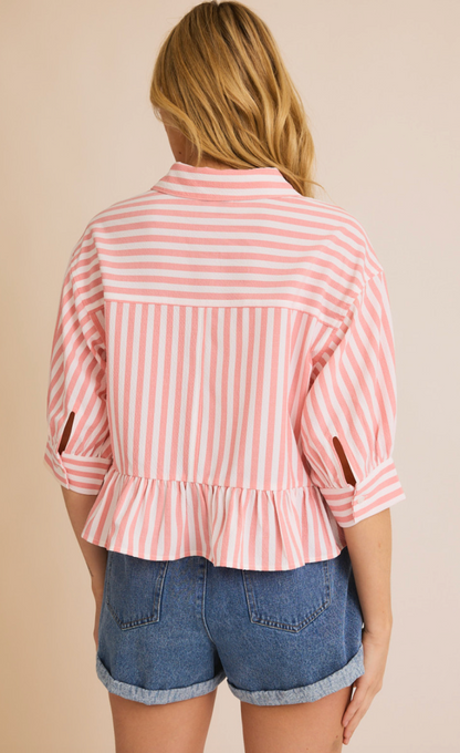 White/Coral Stripe Ruffle Blouse