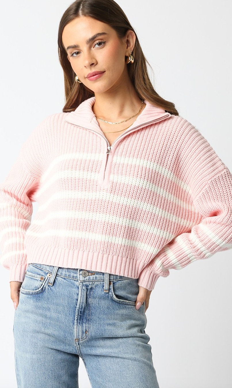 Blush Stripe Zip Up Sweater