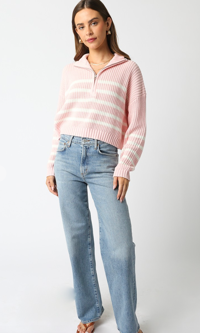 Blush Stripe Zip Up Sweater