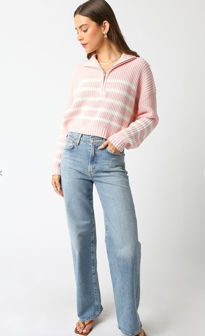 Blush Stripe Zip Up Sweater