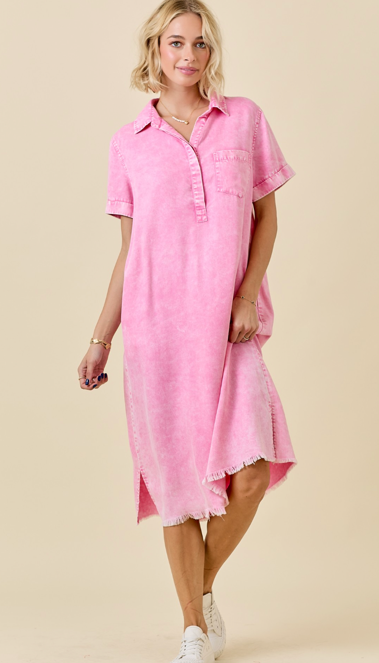 Collared Midi Shirt Dress w/ Raw Hem