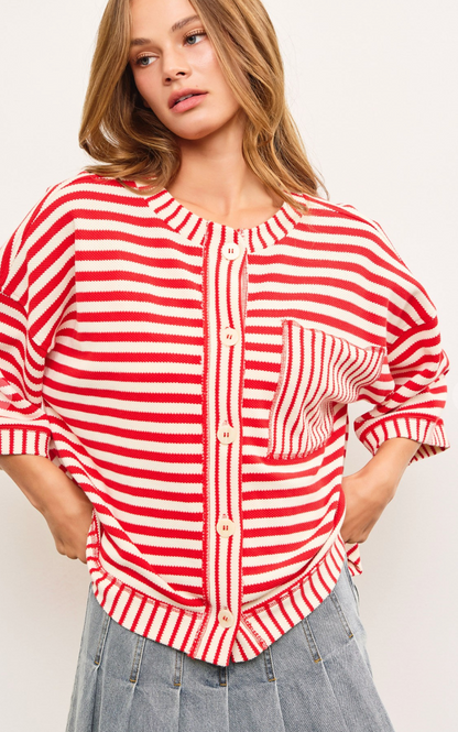 Stripe Boxy Fit Cardigan Cherry