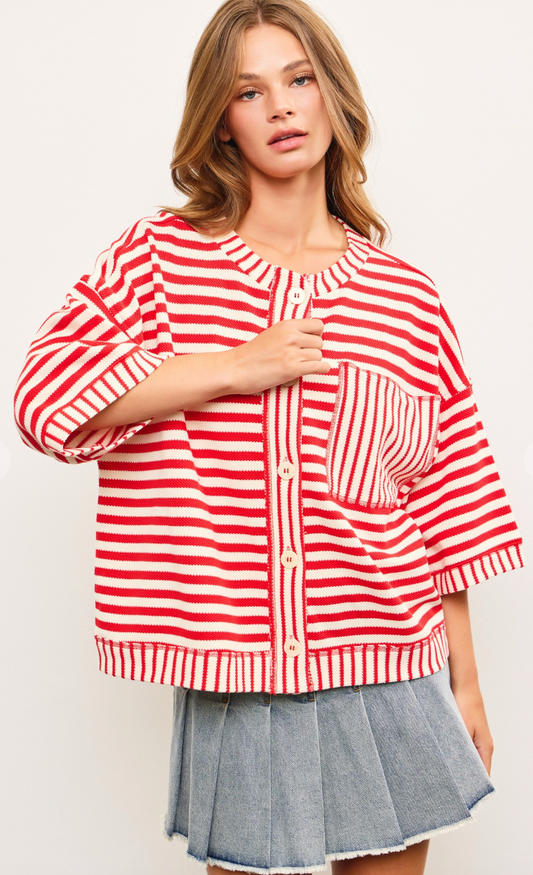 Stripe Boxy Fit Cardigan Cherry