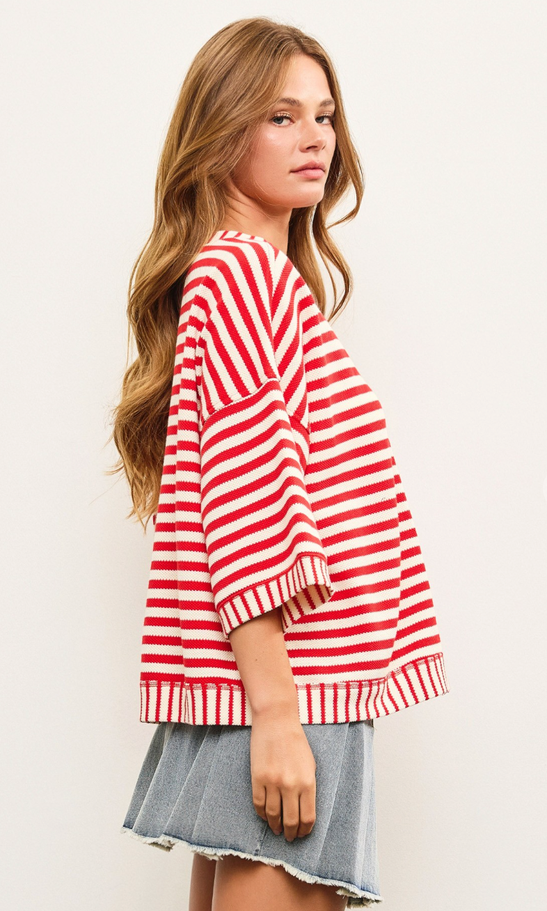 Stripe Boxy Fit Cardigan Cherry