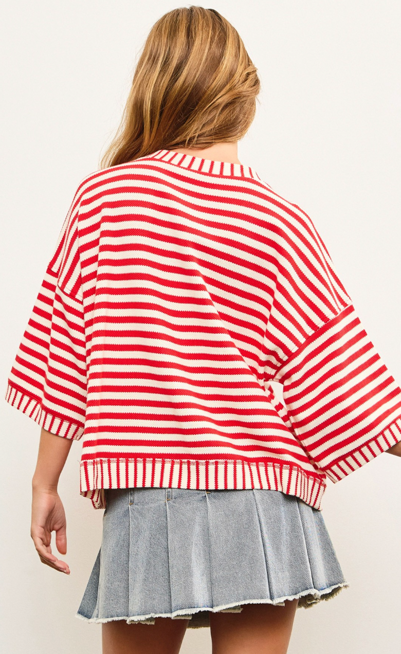 Stripe Boxy Fit Cardigan Cherry