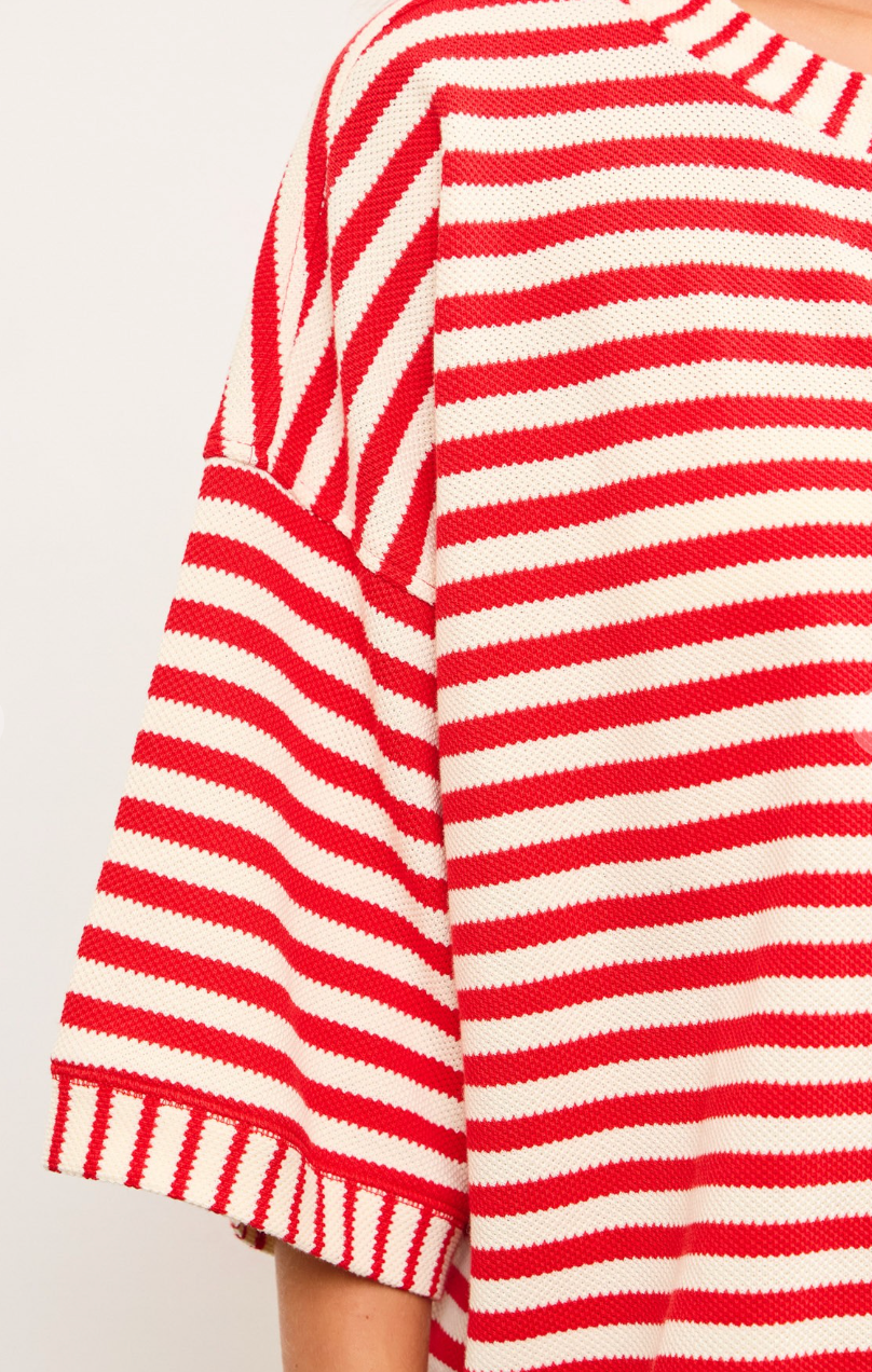 Stripe Boxy Fit Cardigan Cherry