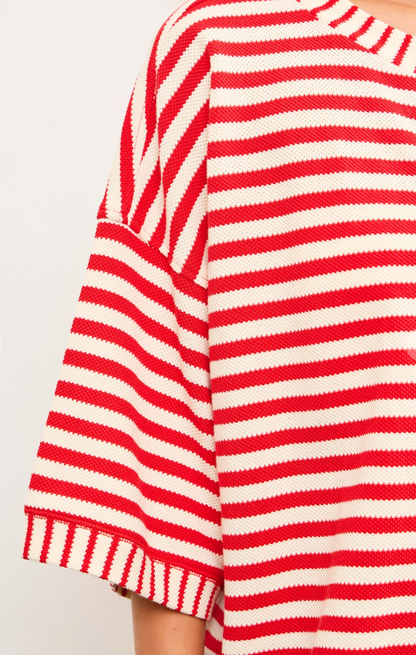 Stripe Boxy Fit Cardigan Cherry