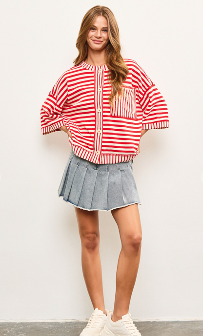 Stripe Boxy Fit Cardigan Cherry