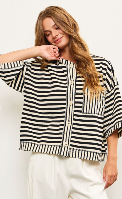 Stripe Boxy Fit Cardigan Black