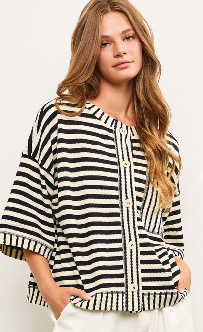 Stripe Boxy Fit Cardigan Black