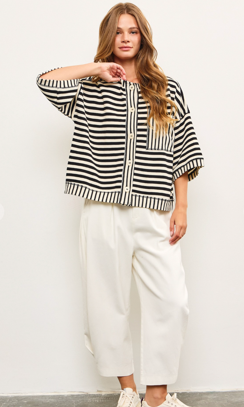 Stripe Boxy Fit Cardigan Black