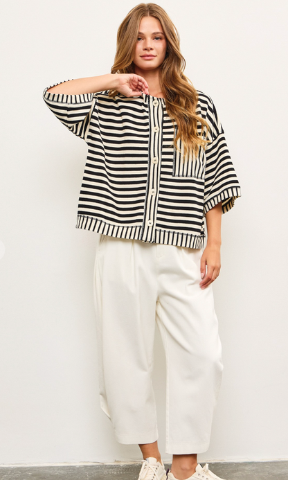 Stripe Boxy Fit Cardigan Black