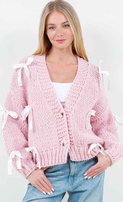 Cardigan w/ Ribbons Pink/White