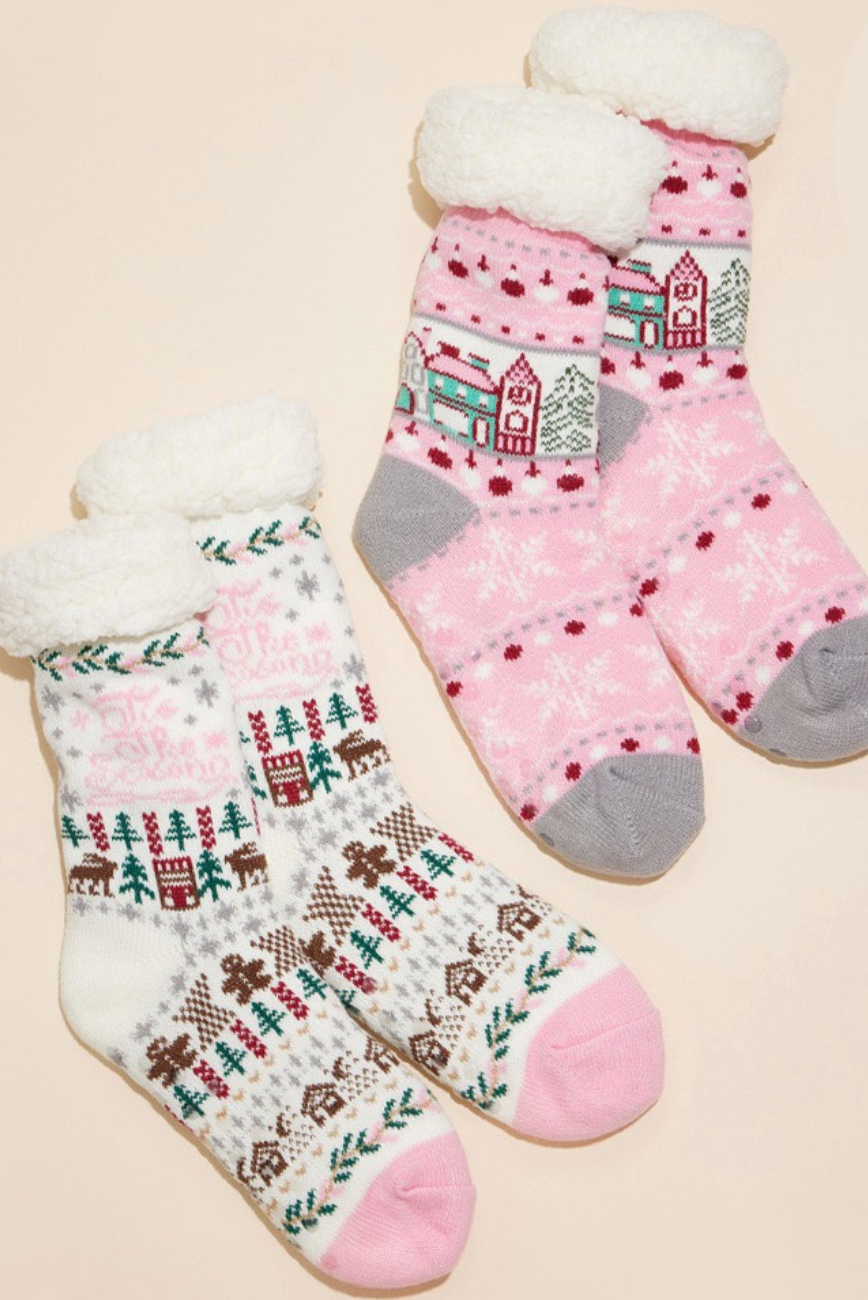 Christmas Sherpa Socks Pink/White