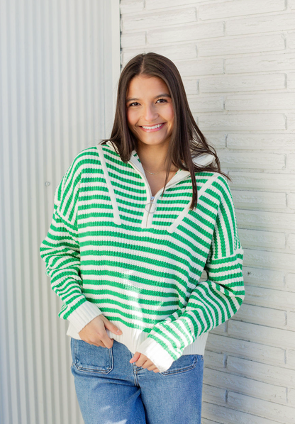 Half Zip Preppy Stripe Sweater Green