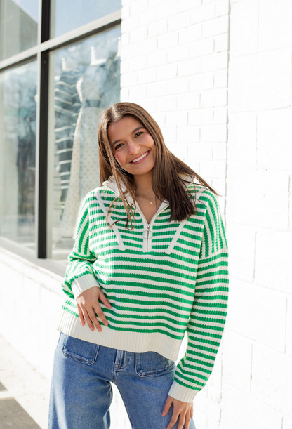 Half Zip Preppy Stripe Sweater Green