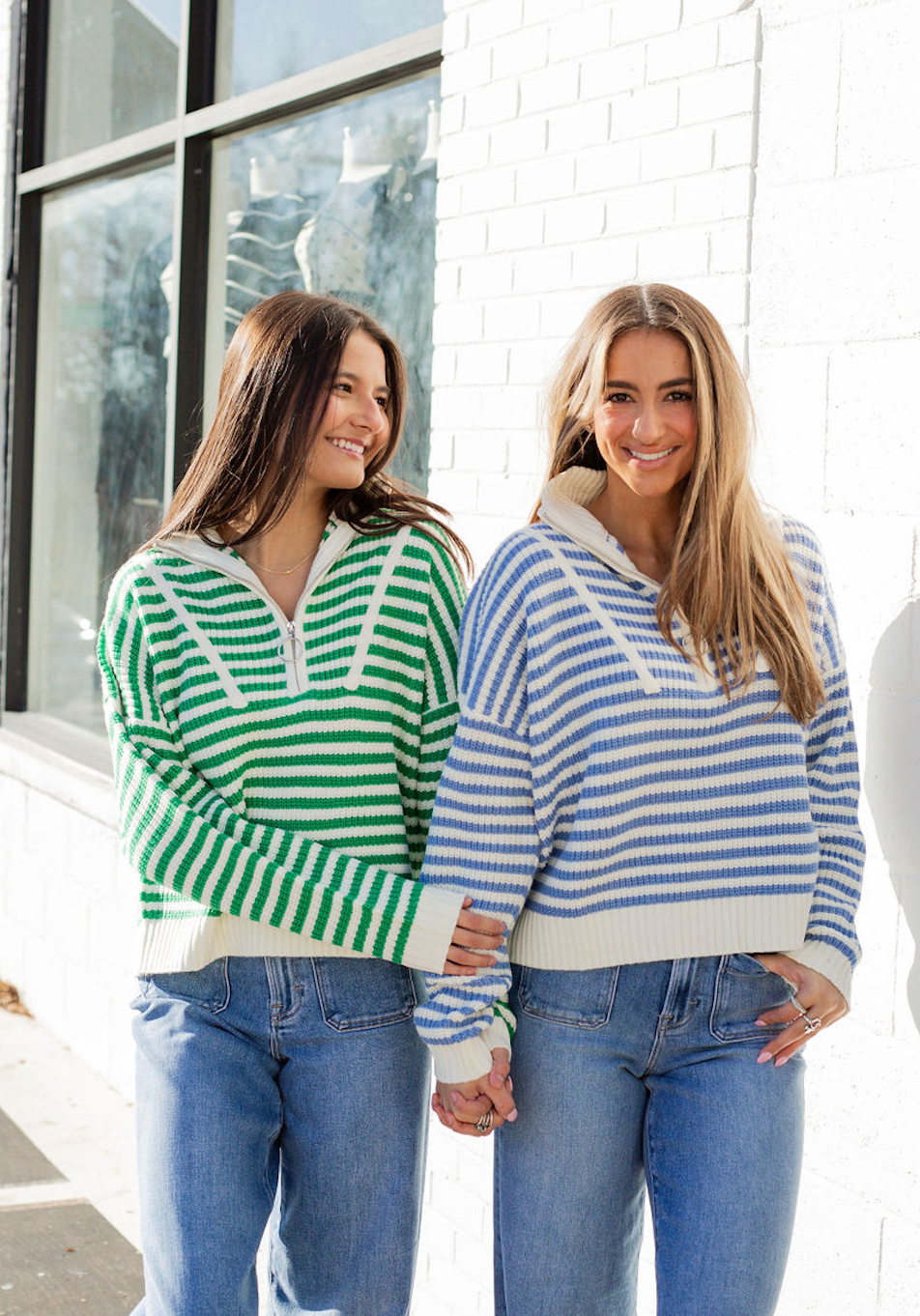 Half Zip Preppy Stripe Sweater Green