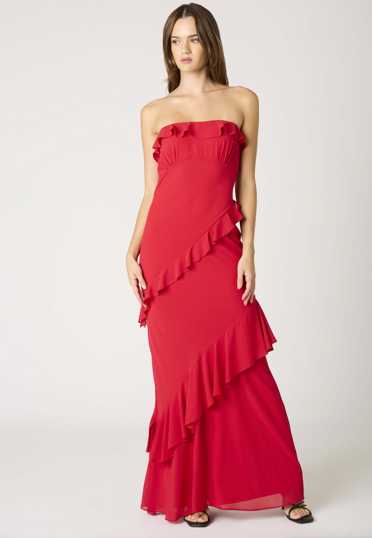 Strapless Ruffles Maxi Dress Red