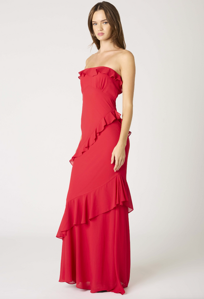 Strapless Ruffles Maxi Dress Red