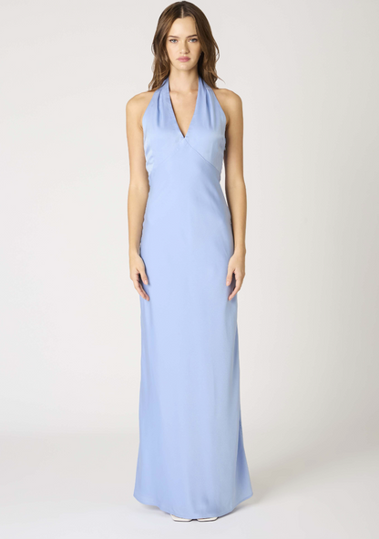 Blue Satin Halter Maxi Dress