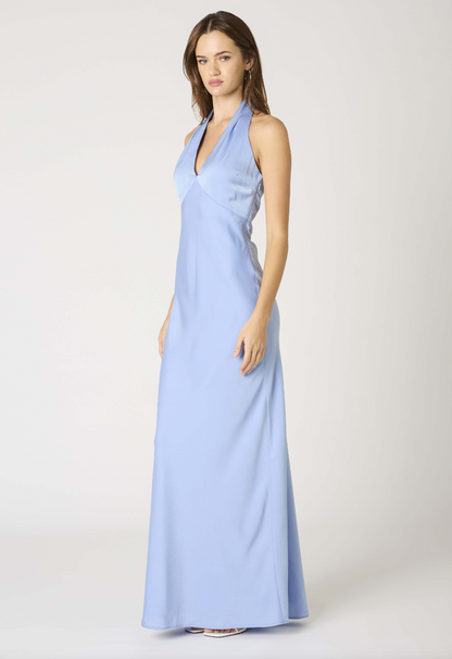 Blue Satin Halter Maxi Dress