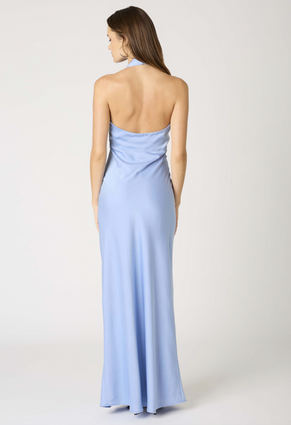 Blue Satin Halter Maxi Dress