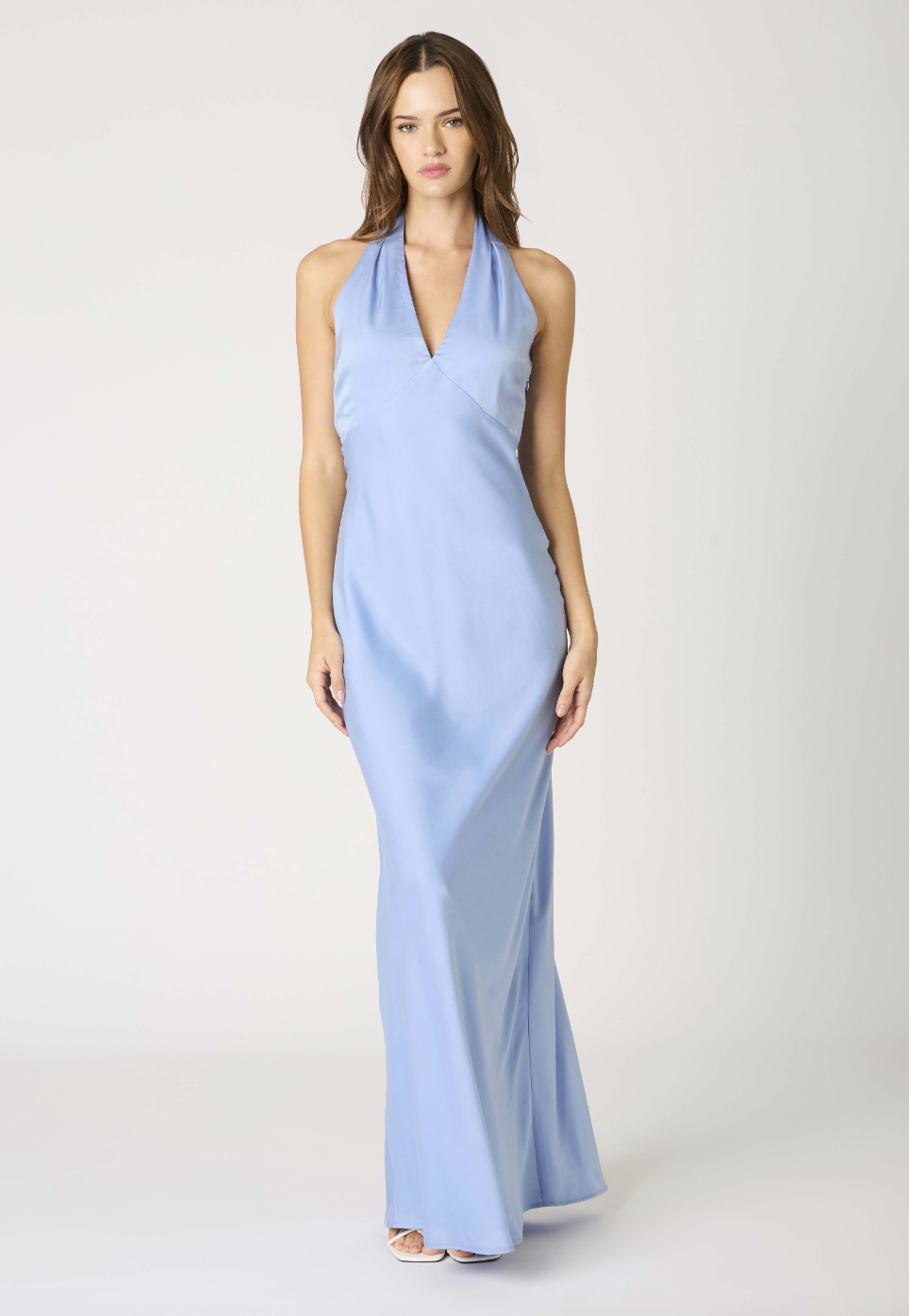 Blue Satin Halter Maxi Dress