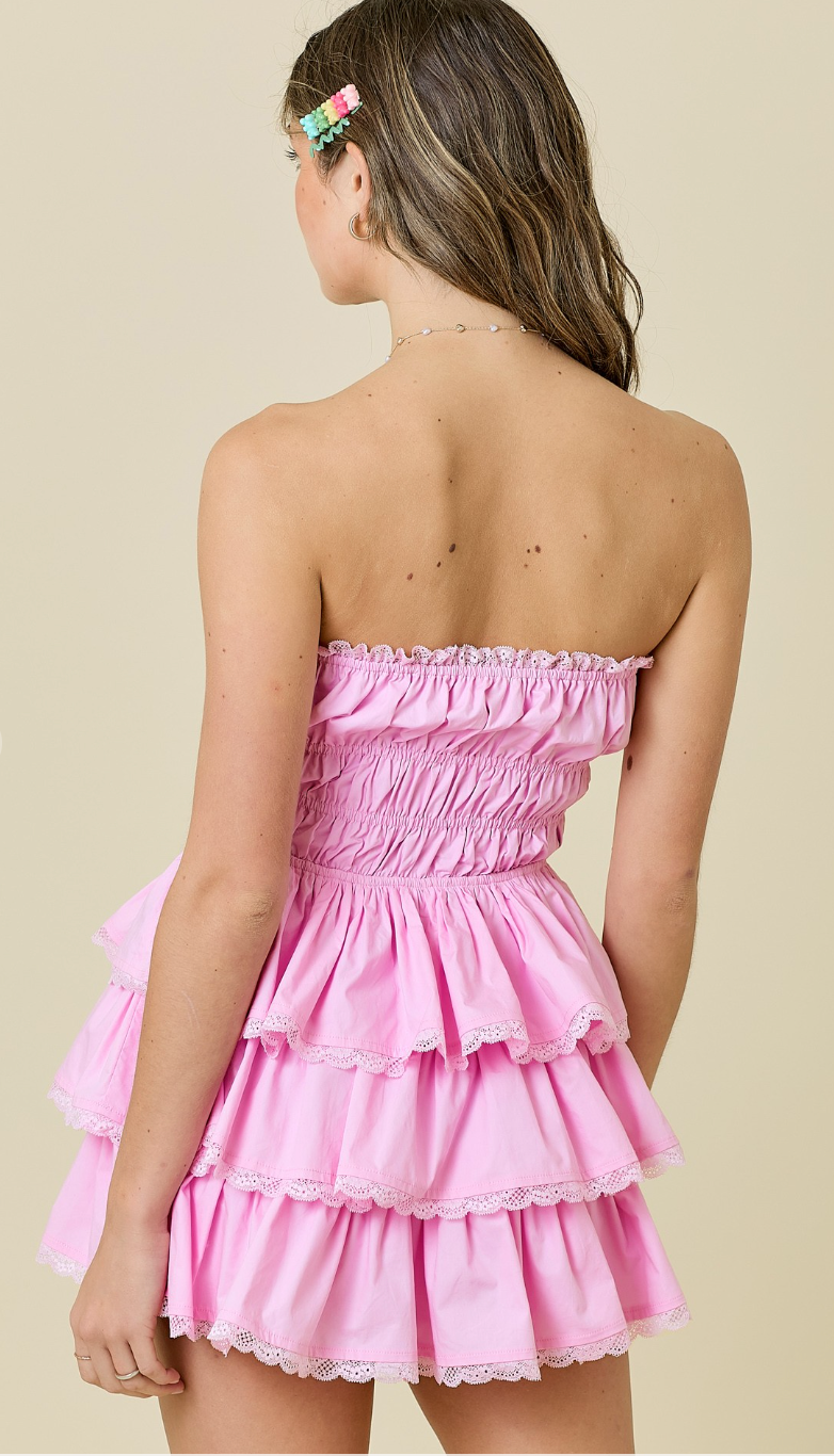 Pink Strapless Lace Trim Dress