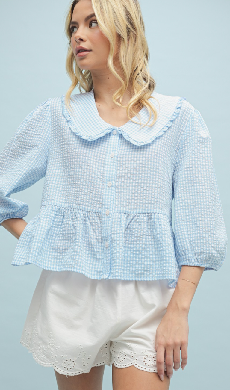 Gingham Peplum Blouse Sky