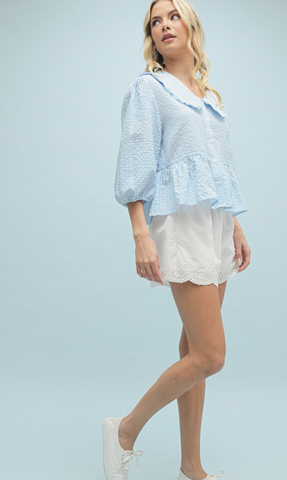 Gingham Peplum Blouse Sky