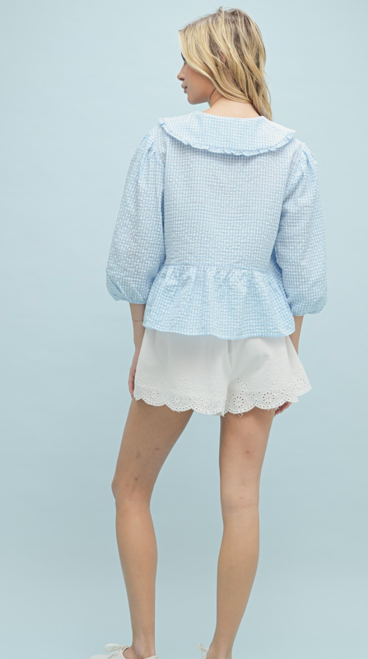 Gingham Peplum Blouse Sky