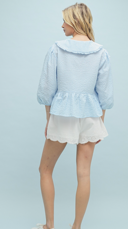 Gingham Peplum Blouse Sky