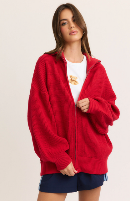 Noah Oversized Zip Up Sweater Red