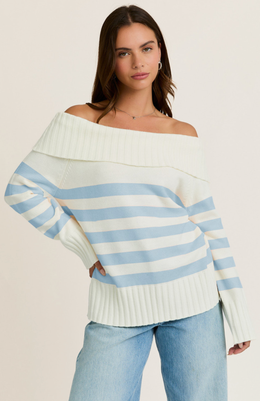 Blue Stripe Off Shoulder Sweater