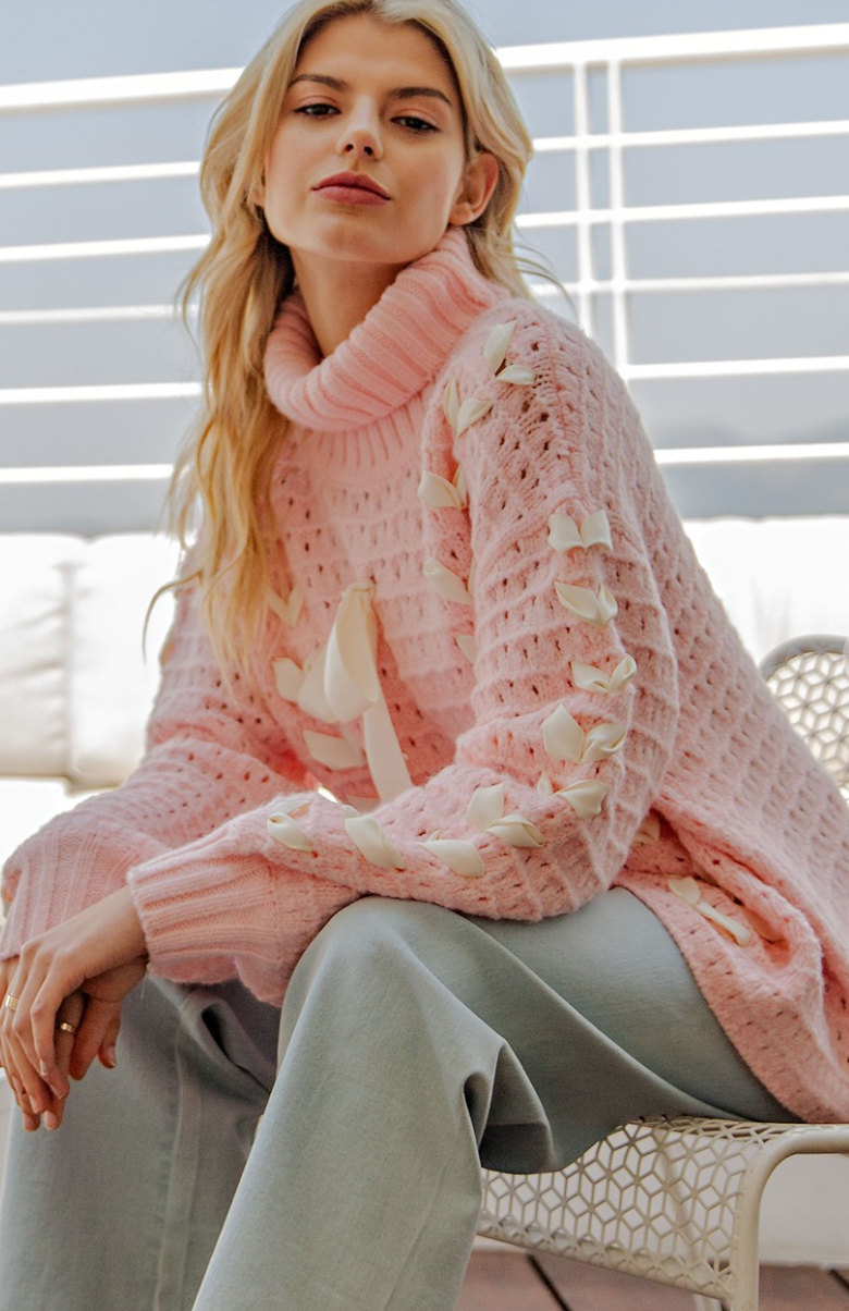 Woven Bow Turtleneck Sweater Pink